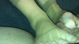 Amateur Footjob 55 Nylon Sock With Toes Out Ballbusting And Kicking