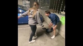 Public La Garage Ballbusting Kicking After Busy Hockey Game