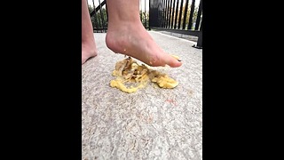 Erotically crushing a banana with my cute bare feet outside